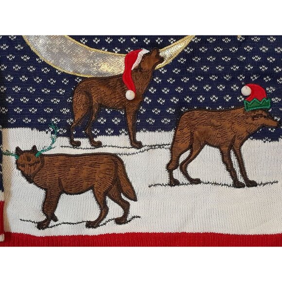 Mens Embroidered Howling Holiday Wolves 3D Gold Thread Moon Christmas XL Sweater - Picture 3 of 8